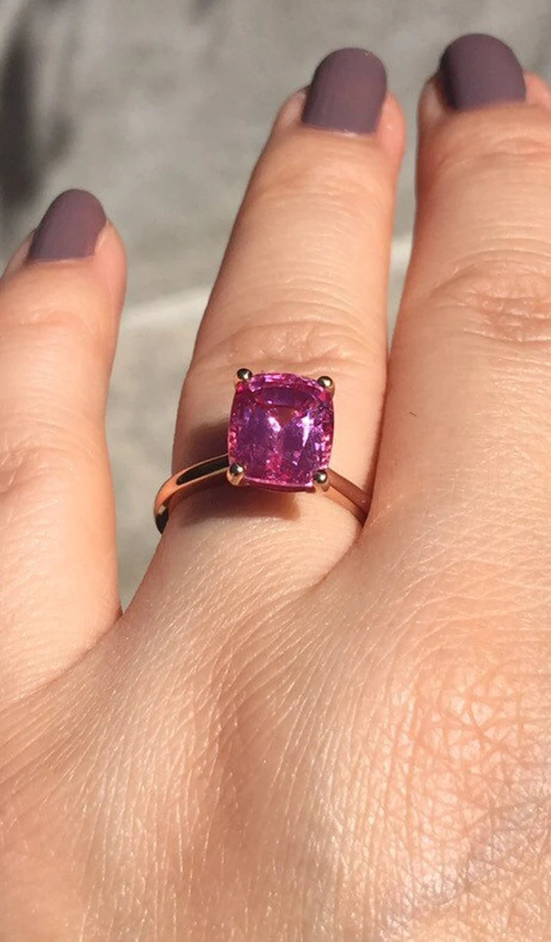 Cushion Cut Pink Sapphire Solitaire Engagement Ring in 14K Rose Gold Vermeil - Wedding Ring Gift For Her