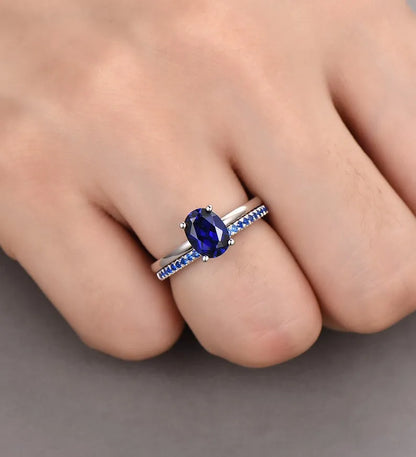 Sapphire Four-Prong Petite Comfort Fit Ring Sapphire Wedding Band in 925 Sterling Silver - Gift For Her