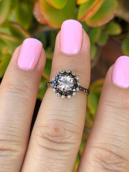 Morganite Engagement Ring In 14K Rose Gold Vermeil Morganite & Black Diamond Victorian Ring