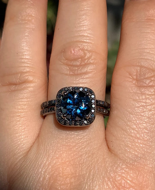 London Blue Topaz & Black Diamond Engagement Ring Set in Black Rhodium on 925 Sterling Silver