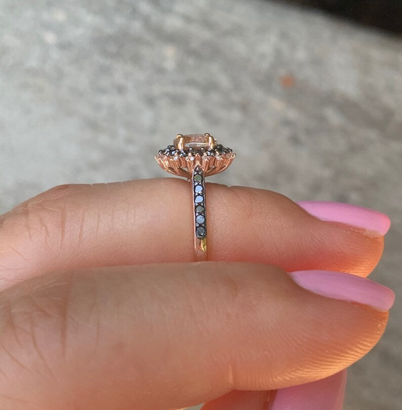 Morganite Engagement Ring In 14K Rose Gold Vermeil Morganite & Black Diamond Victorian Ring