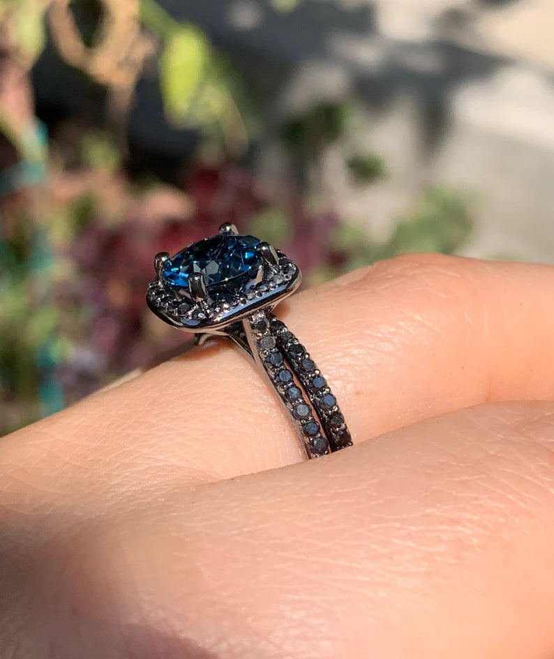London Blue Topaz & Black Diamond Engagement Ring Set in Black Rhodium on 925 Sterling Silver