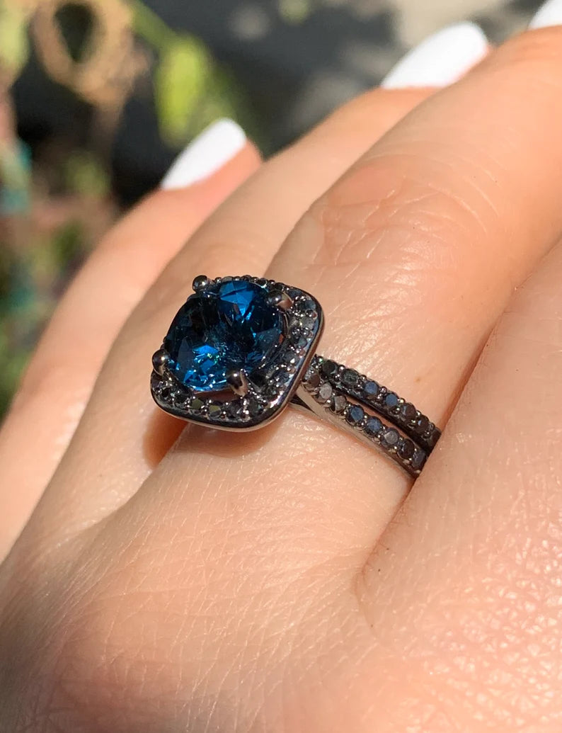 London Blue Topaz & Black Diamond Engagement Ring Set in Black Rhodium on 925 Sterling Silver