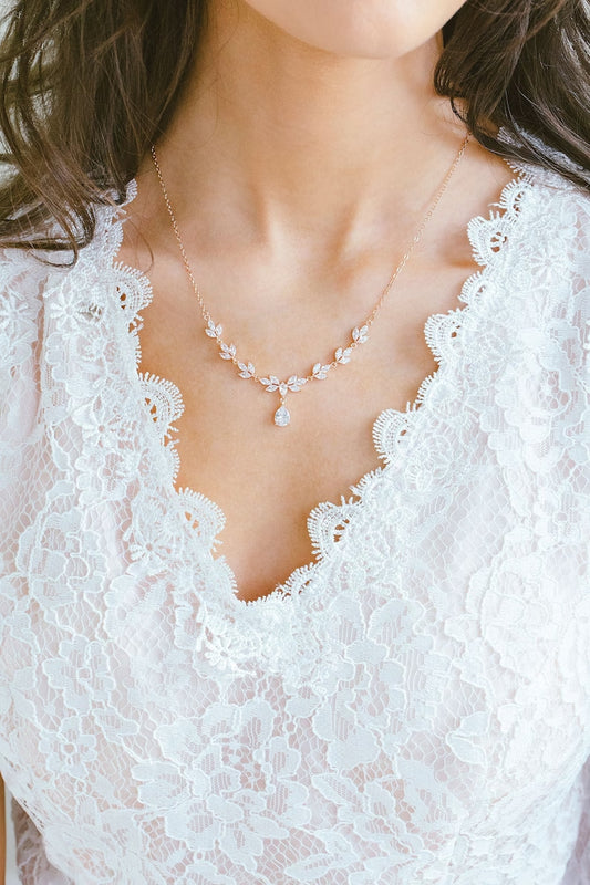 Bridal Simple Necklace - Bridal Crystal Necklace CZ Wedding Jewelry Set - Bridal Jewelry