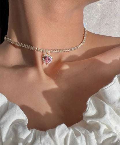 Heart Shaped Princess Choker Necklace in 14K Rose Gold Vermeil Marquise Tennis Chain Necklace - Valentines day gift