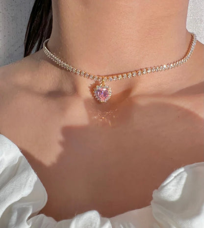 Heart Shaped Princess Choker Necklace in 14K Rose Gold Vermeil Marquise Tennis Chain Necklace - Valentines day gift