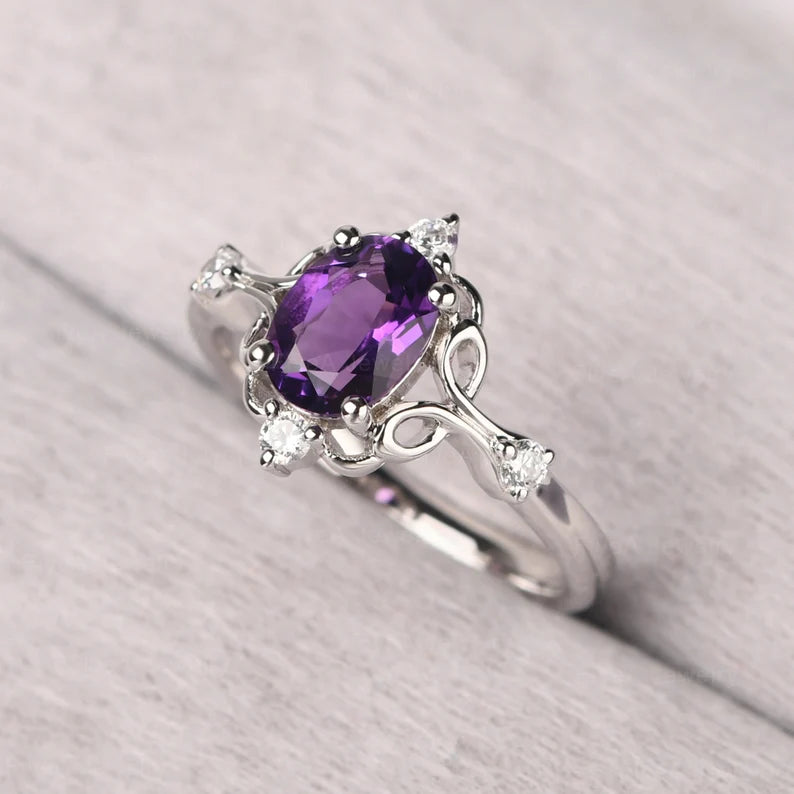 Retro Filigree Amethyst Ring Sterling Silver Oval Cut 8X6 mm Anniversary Ring February Birthstone Ring