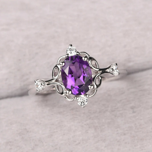 Retro Filigree Amethyst Ring Sterling Silver Oval Cut 8X6 mm Anniversary Ring February Birthstone Ring