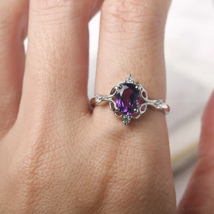 Retro Filigree Amethyst Ring Sterling Silver Oval Cut 8X6 mm Anniversary Ring February Birthstone Ring