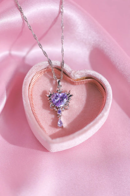 Enchanting Anime Inspired Necklace in 14k Yellow Gold Vermeil Unique Purple Heart Pendant with Wing and Swinging Drop