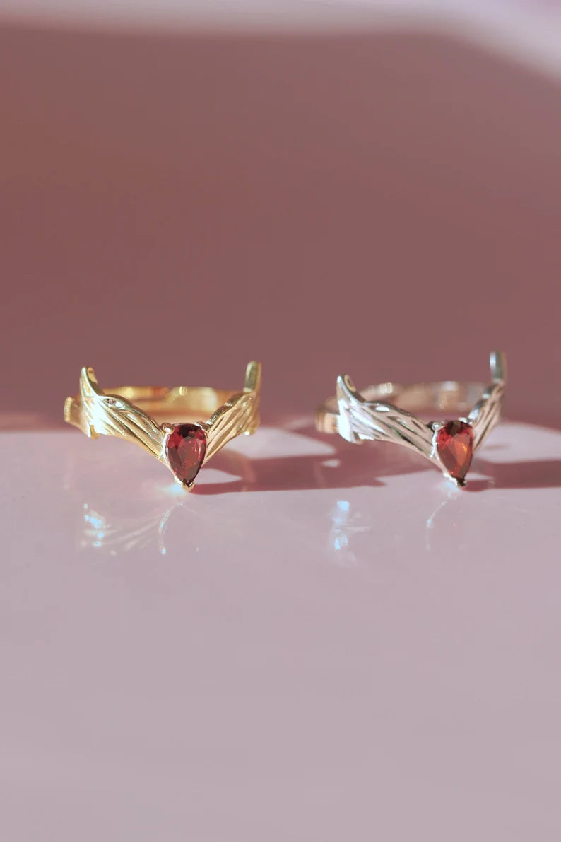 Red Garnet Witch Crown Inspired Superhero Ring in 14k Yellow Gold Vermeil Geek Jewelry - Special Gift For Mom