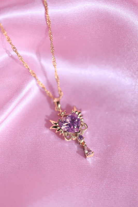 Enchanting Anime Inspired Necklace in 14k Yellow Gold Vermeil Unique Purple Heart Pendant with Wing and Swinging Drop