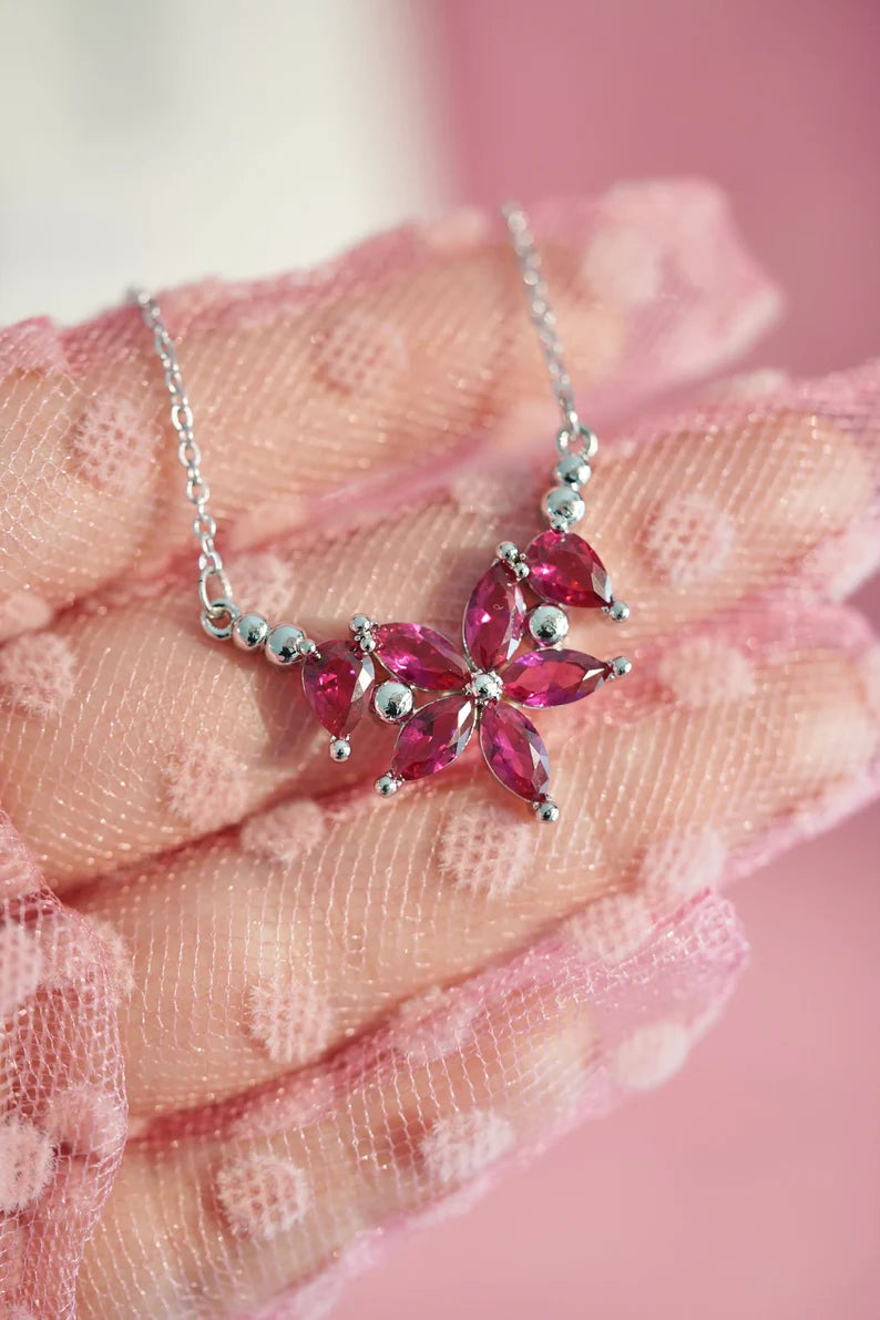 Pink Ruby Flower Necklace in 925 Sterling Silver - Specials Gift For Anniversary