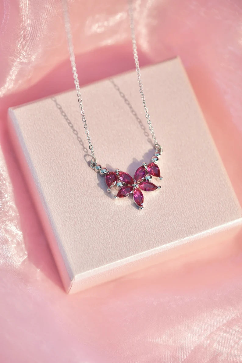 Pink Ruby Flower Necklace in 925 Sterling Silver - Specials Gift For Anniversary