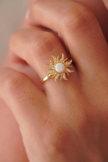 White Opal Sun Ring in 14K Yellow Gold Vermeil on 925 Sterling Silver - Pretty Gift For Your Princess