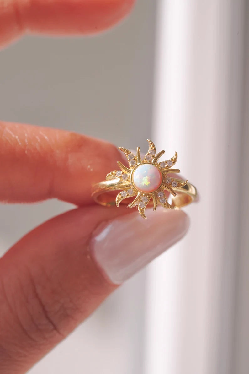 White Opal Sun Ring in 14K Yellow Gold Vermeil on 925 Sterling Silver - Pretty Gift For Your Princess