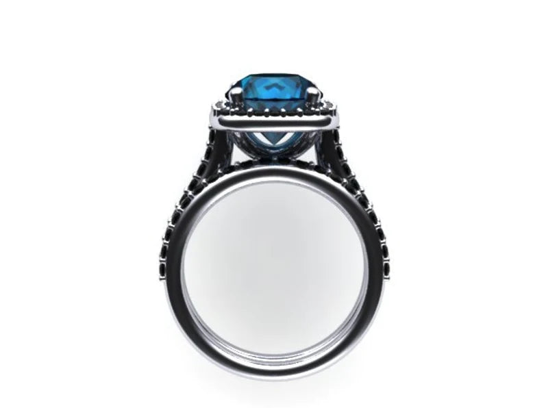 London Blue Topaz & Black Diamond Engagement Ring Set in Black Rhodium on 925 Sterling Silver