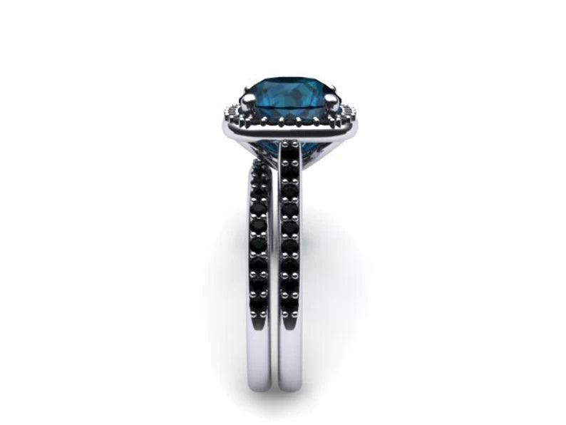 London Blue Topaz & Black Diamond Engagement Ring Set in Black Rhodium on 925 Sterling Silver