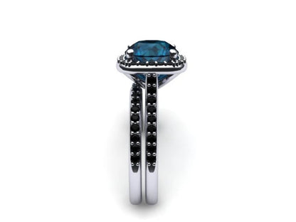 London Blue Topaz & Black Diamond Engagement Ring Set in Black Rhodium on 925 Sterling Silver