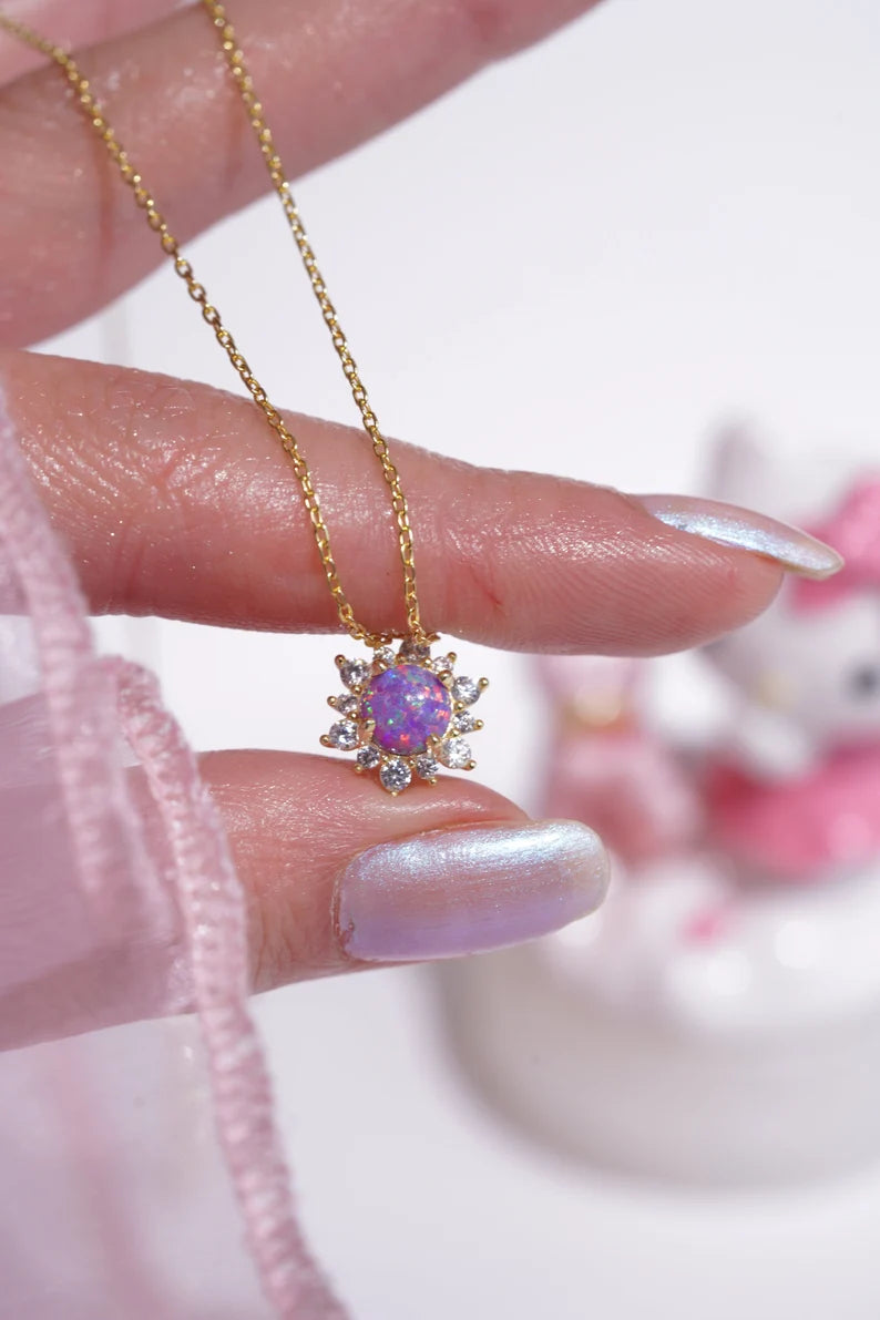 Purple Opal Sun Necklace in 14k Yellow Gold Vermeil on 925 Sterling Silver - Special Gift For Womens