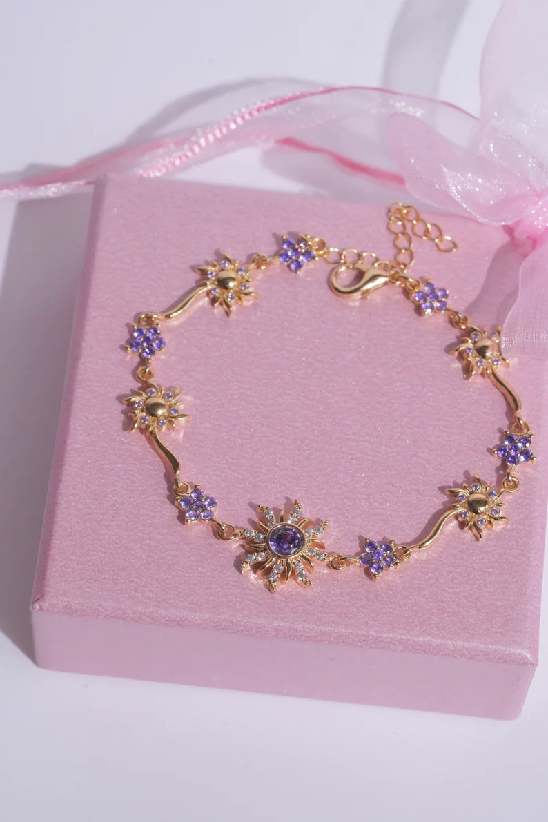 Purple Lost Princess Sun Flower Bracelet in 14k Yellow Gold Vermeil on 925 Sterling Silver - Perfect Gift For Her