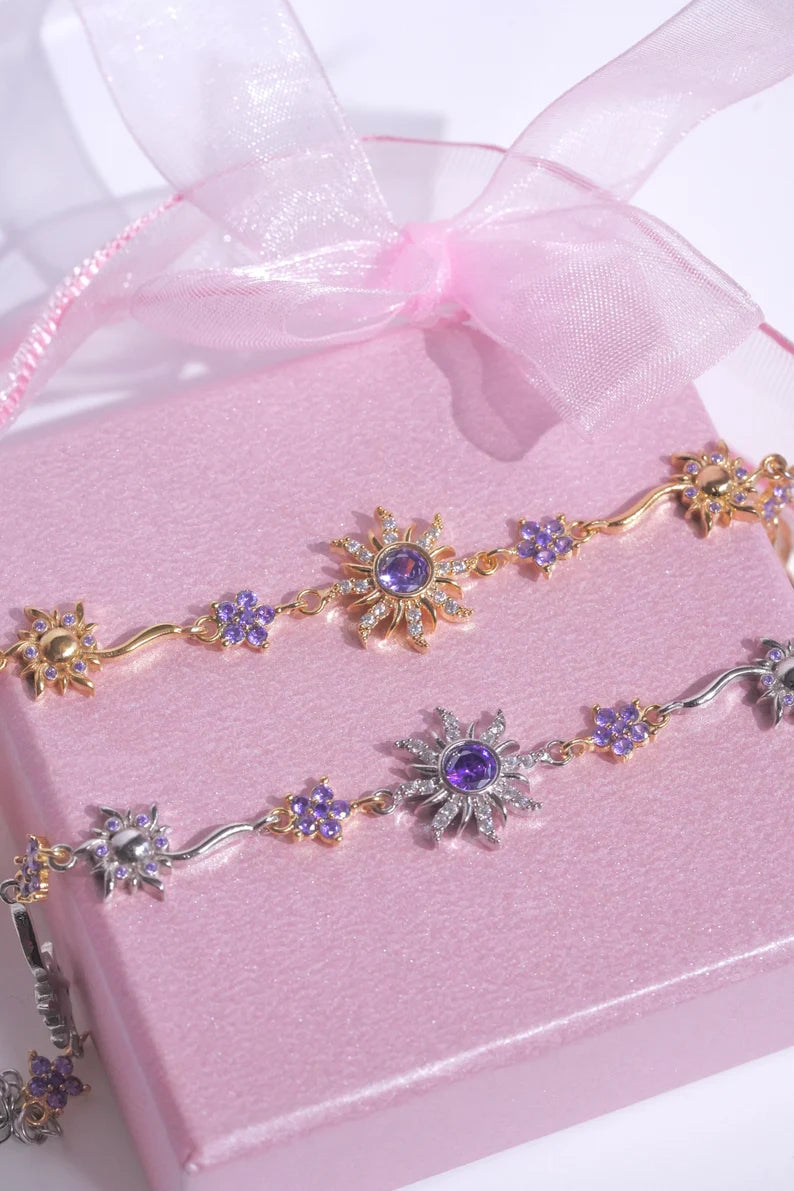 Purple Lost Princess Sun Flower Bracelet in 14k Yellow Gold Vermeil on 925 Sterling Silver - Perfect Gift For Her