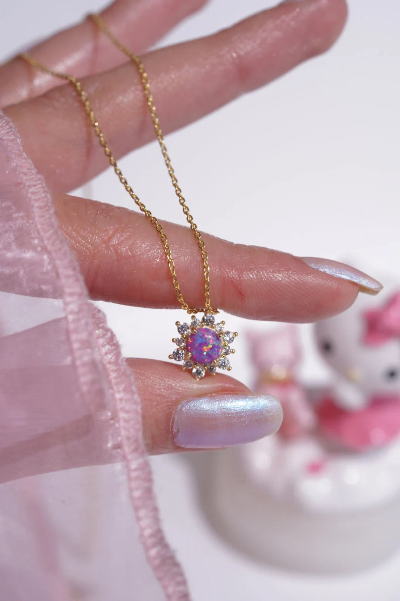 Purple Opal Sun Necklace in 14k Yellow Gold Vermeil on 925 Sterling Silver - Special Gift For Womens