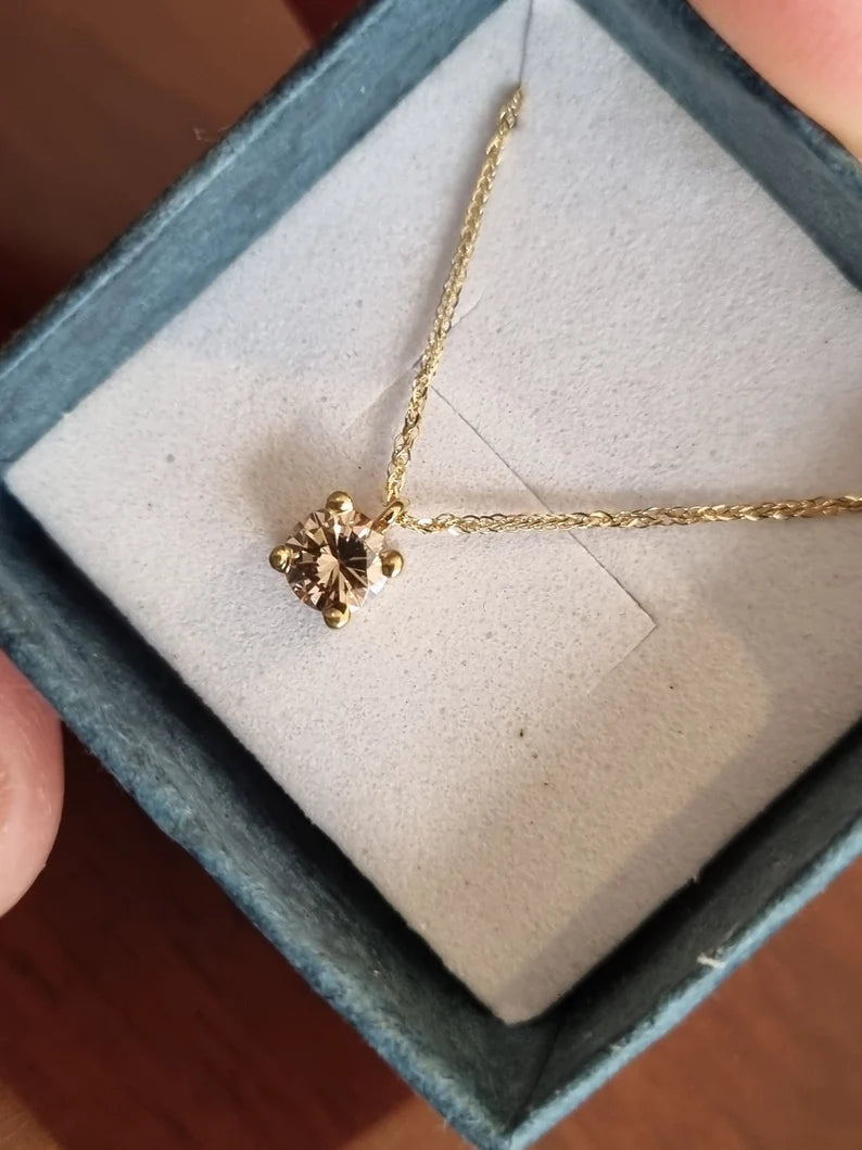 Brown Diamond Solitaire Pendant Necklace in 14k Rose Gold Vermeil - Everyday Necklace For Her
