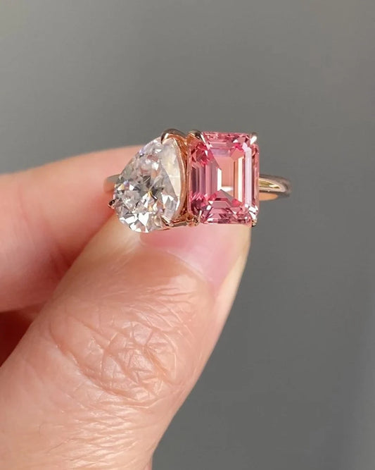 4CT Pear & Pink Emerald Diamond Toi et Moi Ring in 14K Rose Gold Vermeil - Gift For Anniversary