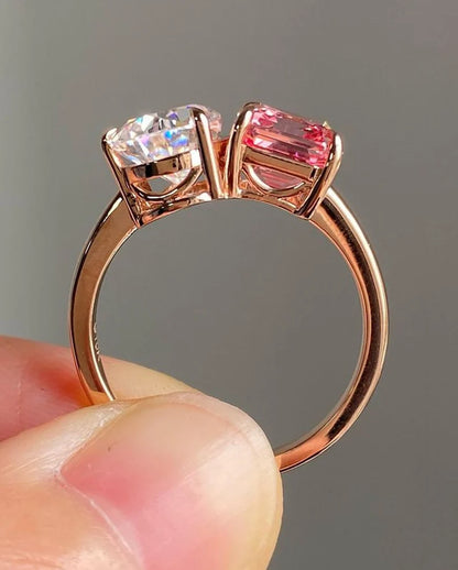 4CT Pear & Pink Emerald Diamond Toi et Moi Ring in 14K Rose Gold Vermeil - Gift For Anniversary