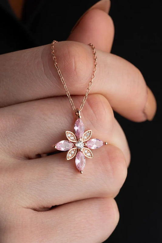 Pink Flower Necklace is Perfect for a Touch of Elegance in 925 Sterling Silver Rose Gold Plated - Gift For Her