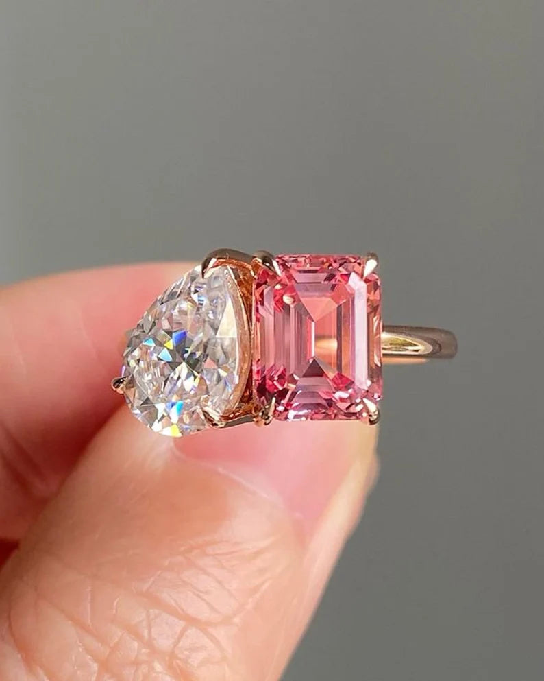 4CT Pear & Pink Emerald Diamond Toi et Moi Ring in 14K Rose Gold Vermeil - Gift For Anniversary