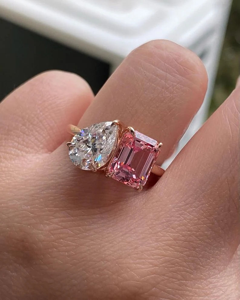 4CT Pear & Pink Emerald Diamond Toi et Moi Ring in 14K Rose Gold Vermeil - Gift For Anniversary