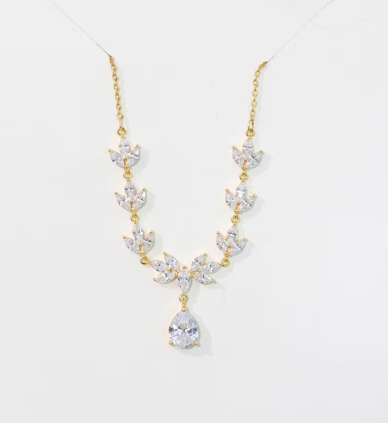 Bridal Simple Necklace - Bridal Crystal Necklace CZ Wedding Jewelry Set - Bridal Jewelry