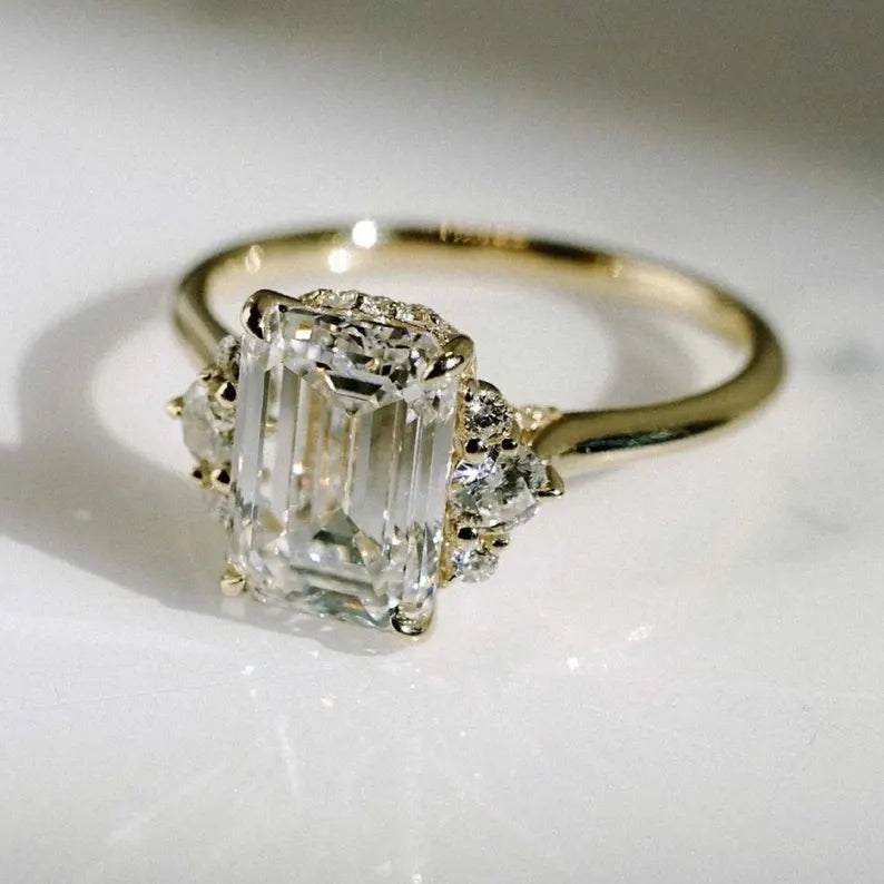 Emerald Cut Moissanite Engagement Ring in 14K Yellow Gold Vermeil - Promise Ring For Her