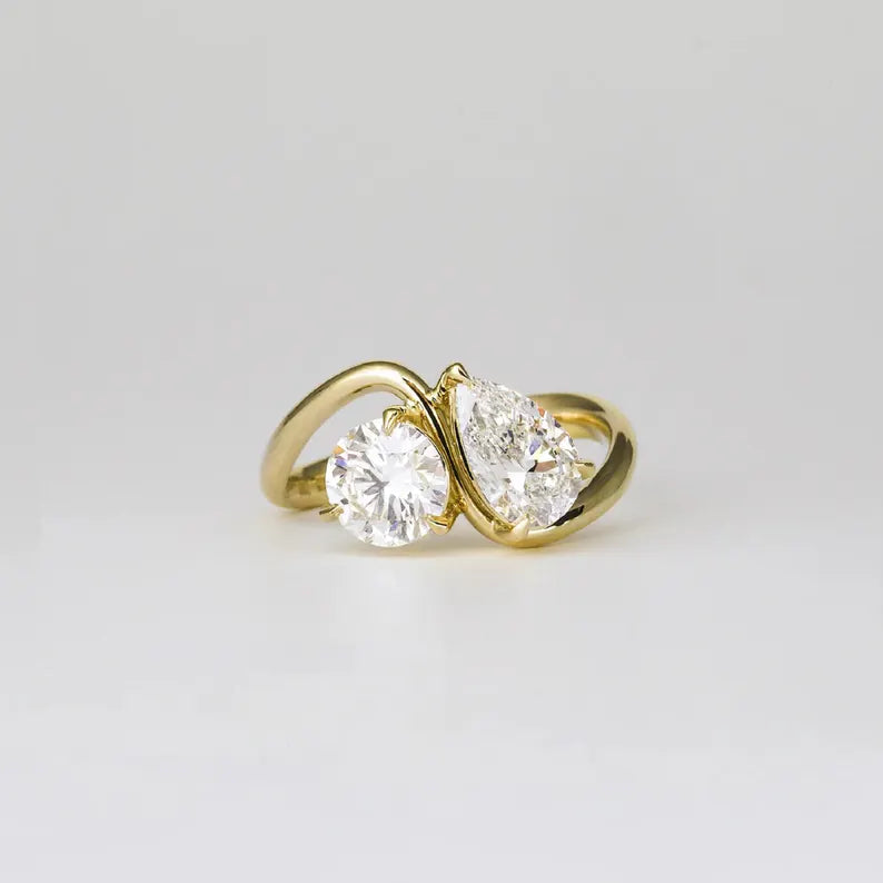 Toi Et Moi 2.06 Ct Pear & Round Cut Diamond Engagement Ring 14K Yellow Gold Vermeil - Unique Ring Gift For Her