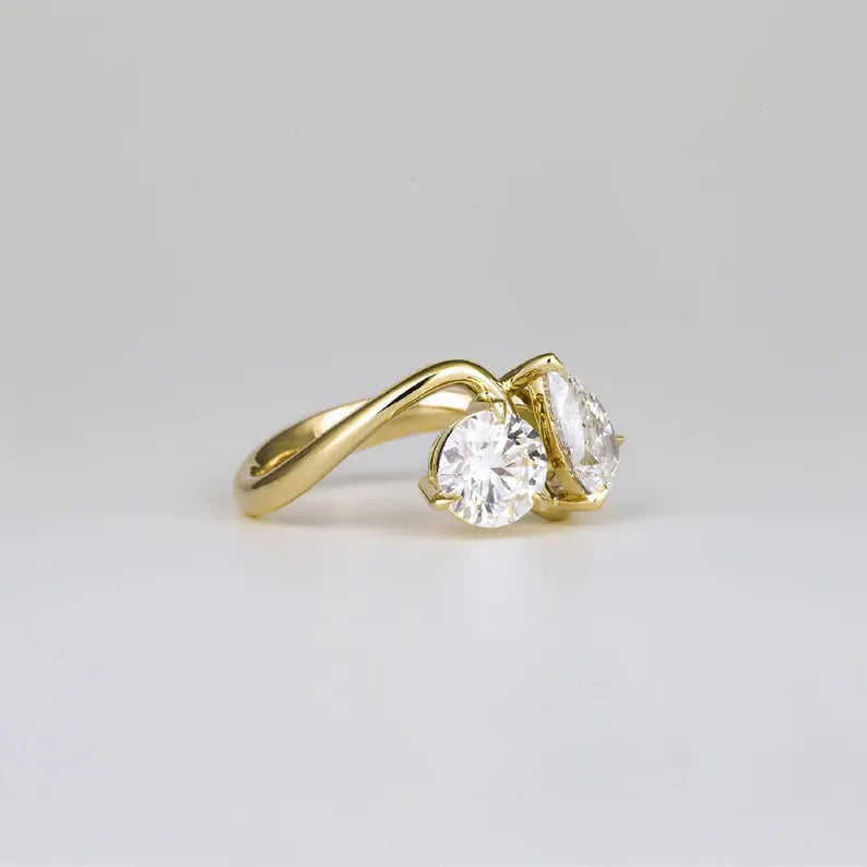 Toi Et Moi 2.06 Ct Pear & Round Cut Diamond Engagement Ring 14K Yellow Gold Vermeil - Unique Ring Gift For Her