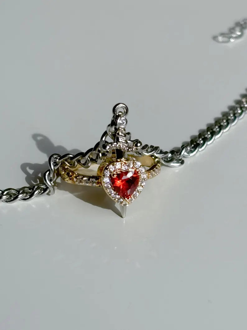 Heart Ring and Sword Bracelet Couple Jewelry in 925 Sterling Silver - Sword and Heart Jewelry Anniversary Gift For Her