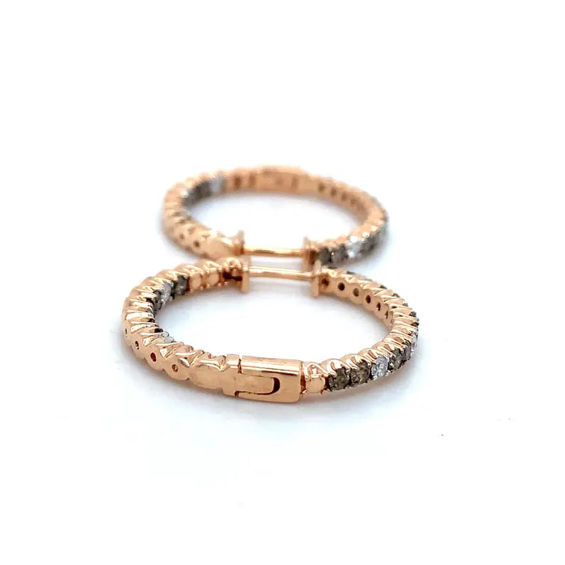 14k Rose Gold Vermeil Brown and White Round Diamonds Huggie Hoop Inside Out Earrings - Anniversary Gift For Wife