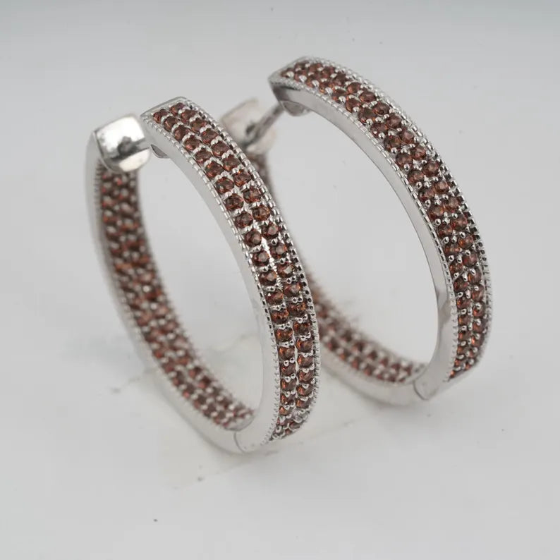 Chocolate Diamond Hoop Earring in Sterling Silver Brown Diamond Earrings - Wedding Engagement Women's Gift Earrings