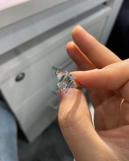 3 Carat Emerald Cut Diamond Engagement Ring in Sterling Silver - Anniversary Ring For Her