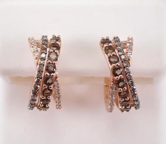 Brown Diamond Huggie Earrings in 14K Rose Gold Vermeil - Multi Row Small Brown Diamond Hoops Anniversary Gift For Her