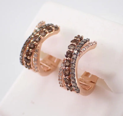 Brown Diamond Huggie Earrings in 14K Rose Gold Vermeil - Multi Row Small Brown Diamond Hoops Anniversary Gift For Her