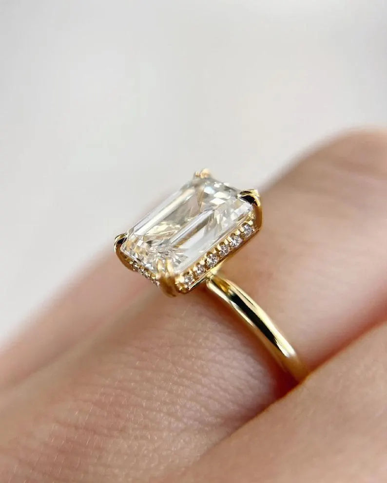 Emerald Cut Diamond Hidden Halo Wedding Ring in 14K Yellow Gold Vermeil - Engagement Ring For Her