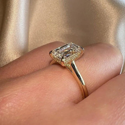 Engagement Ring For Her 4 Ct Emerald Cut Cathedral Ring Diamond On Bridge Hidden Halo Ring in 14k Yellow Gold Vermeil