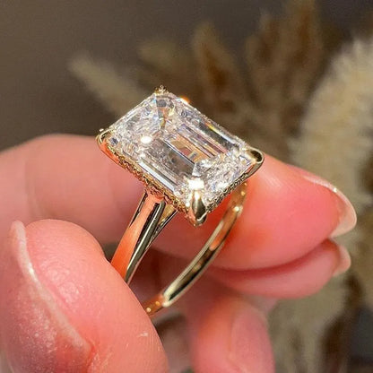 Engagement Ring For Her 4 Ct Emerald Cut Cathedral Ring Diamond On Bridge Hidden Halo Ring in 14k Yellow Gold Vermeil