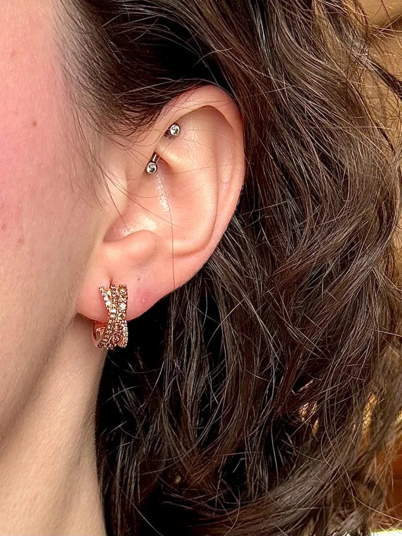 Brown Diamond Huggie Earrings in 14K Rose Gold Vermeil - Multi Row Small Brown Diamond Hoops Anniversary Gift For Her