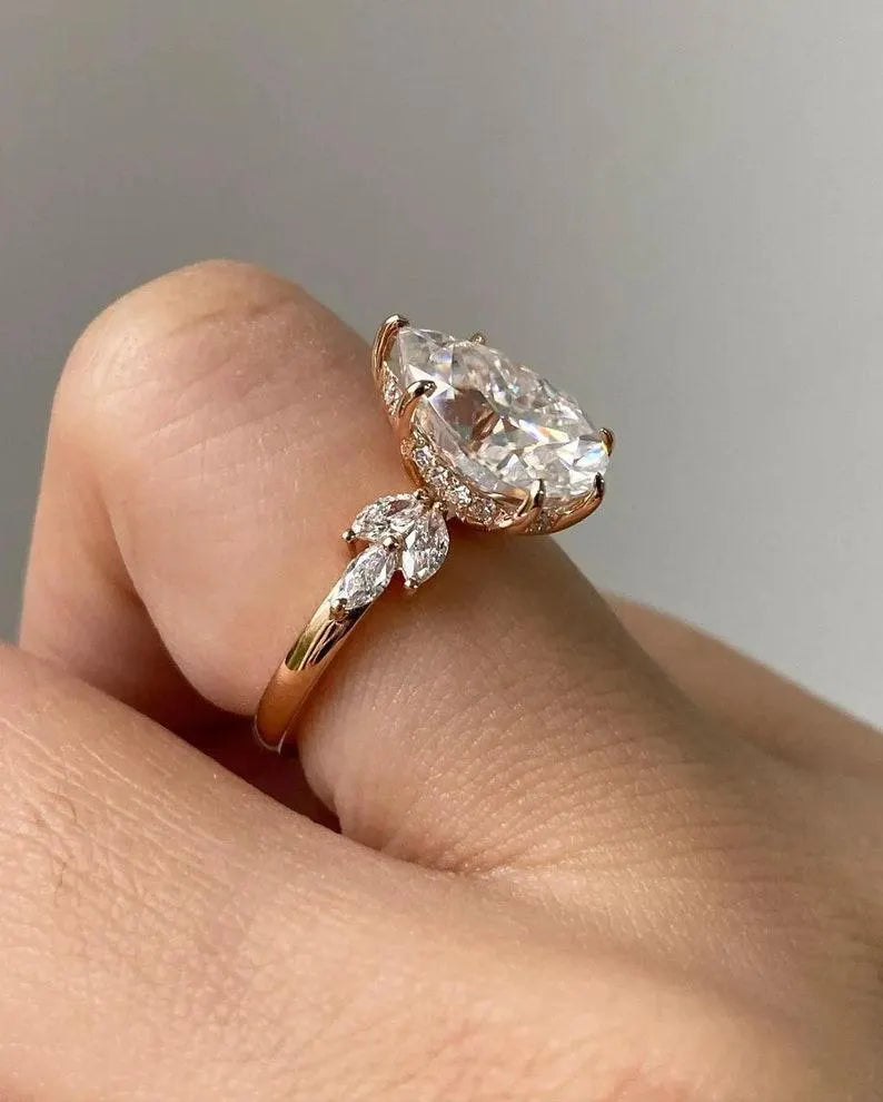 Pear Cut Colorless Diamond Cluster Hidden Halo Wedding Ring in 14K Rose Gold Vermeil - Engagement Ring & Proposal Ring For Her