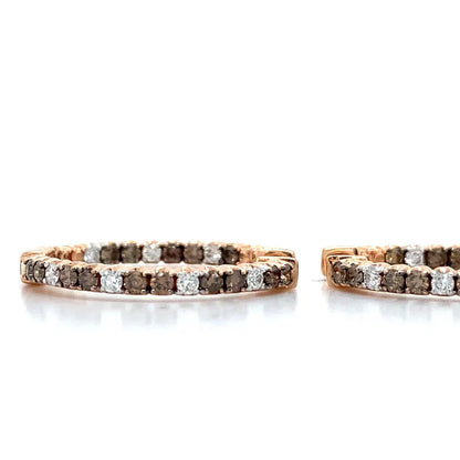 14k Rose Gold Vermeil Brown and White Round Diamonds Huggie Hoop Inside Out Earrings - Anniversary Gift For Wife