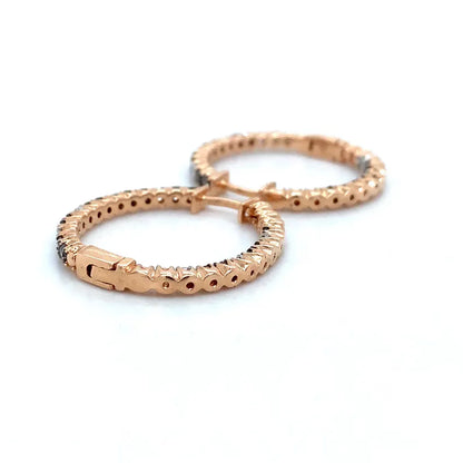 14k Rose Gold Vermeil Brown and White Round Diamonds Huggie Hoop Inside Out Earrings - Anniversary Gift For Wife